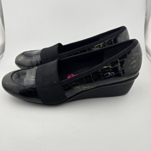 ✨ Ros Hommerson Erica Croc Patent Leather Wedge Loafers | Iridescent Black | Siz - Picture 3 of 14